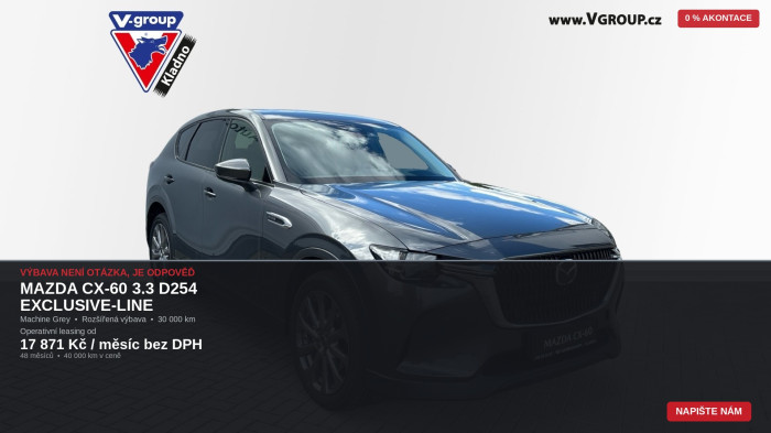 MAZDA CX-60 3.3 D254 EXCLUSIVE-LINE (všechny pakety) –KDYŽ VÝBAVA NENÍ OTÁZKA, ALE ODPOVĚĎ na operativní leasing